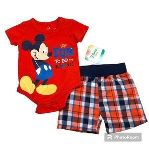 NWT Mickey Screen Print On Orange Bodysuit With Plaid Short Size 3-6M